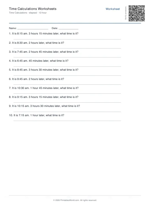 Free printable time calculation worksheet — Elapsed time, with answer key — PDF download