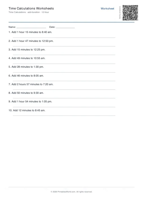 Free printable time calculation worksheet — Add a duration, with answer key — PDF download