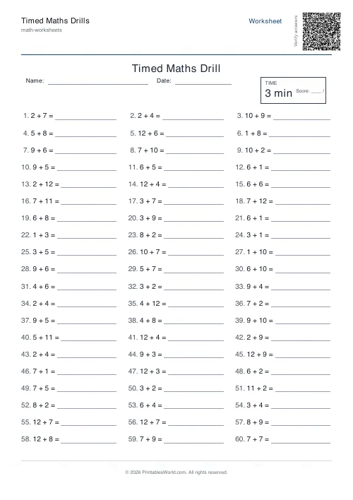 Free printable timed maths drills — 60 — PDF download