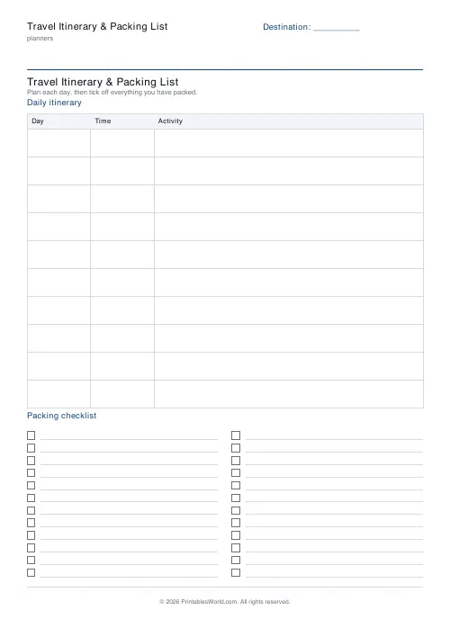 Free printable travel itinerary and packing list — 10 itinerary rows — PDF download