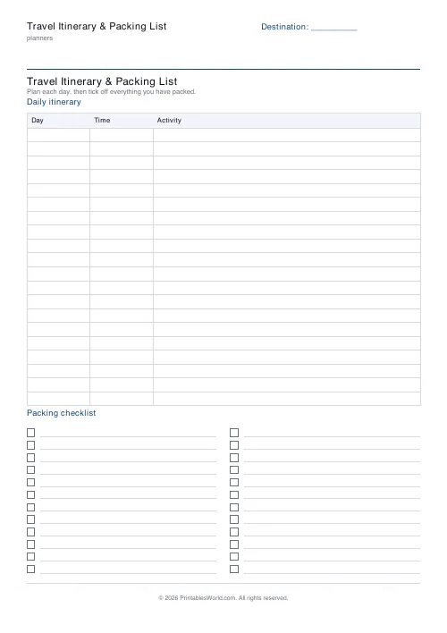 Free printable travel itinerary and packing list — 20 itinerary rows — PDF download