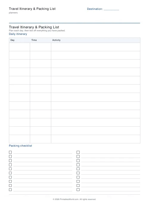 Free printable travel itinerary and packing list — 10 packing rows — PDF download