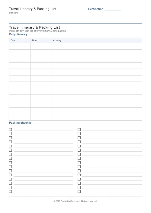 Free printable travel itinerary and packing list — 16 packing rows — PDF download