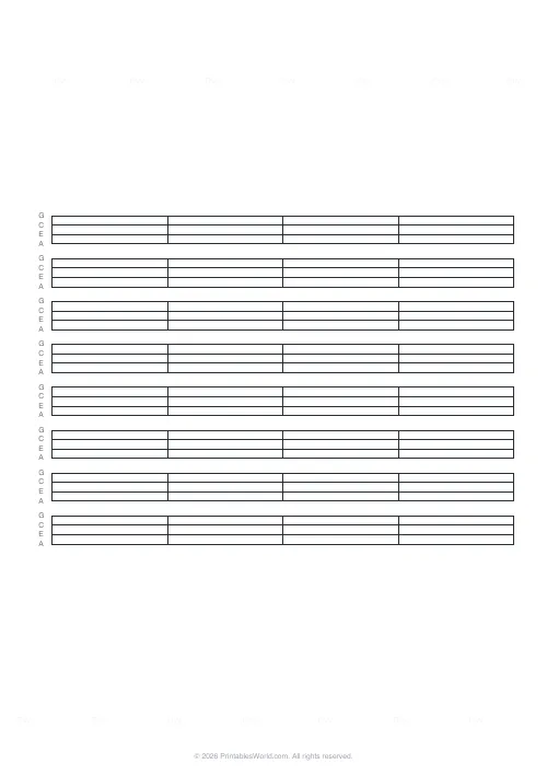 Free printable ukulele tab paper — 8 staves — PDF download