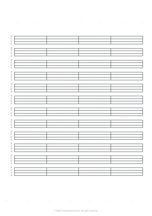 Free printable ukulele tab paper — 12 staves — PDF download