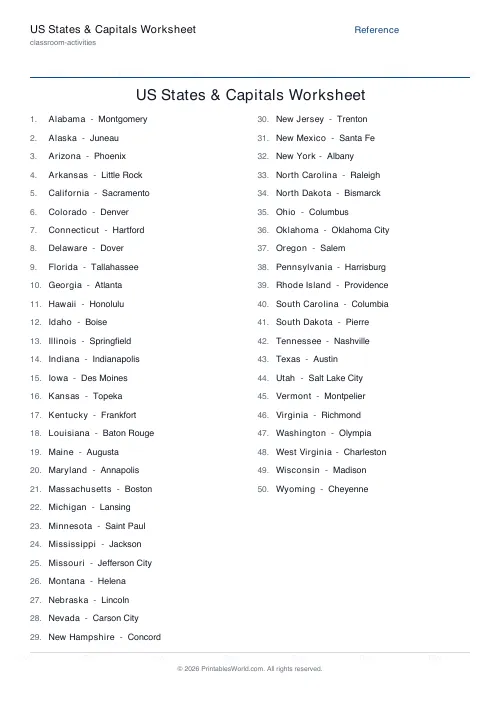 Free printable US states and capitals worksheet — Reference list — PDF download