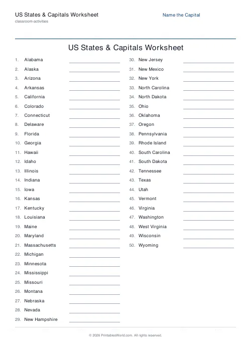 Free printable US states and capitals worksheet — Name the capital, with answer key — PDF download