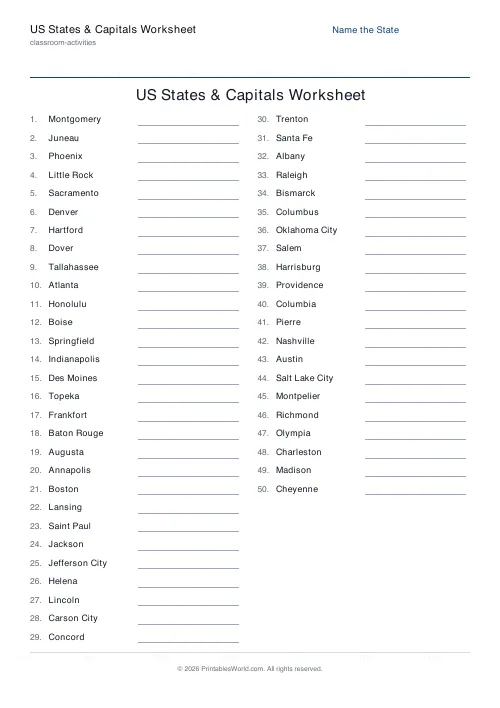 Free printable US states and capitals worksheet — Name the state, with answer key — PDF download
