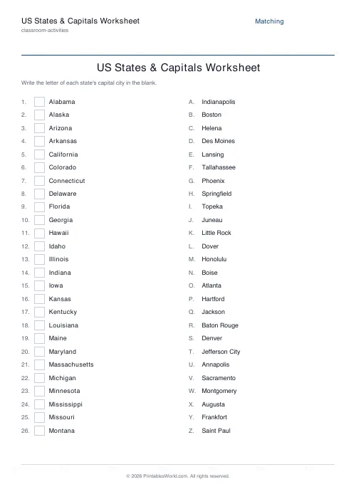 Free printable US states and capitals worksheet — Matching quiz, with answer key — PDF download
