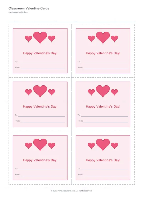 Free printable classroom Valentine cards (6 per page), PDF download