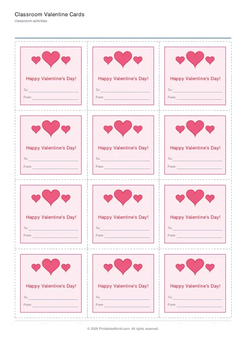 Free printable classroom Valentine cards (12 per page), PDF download