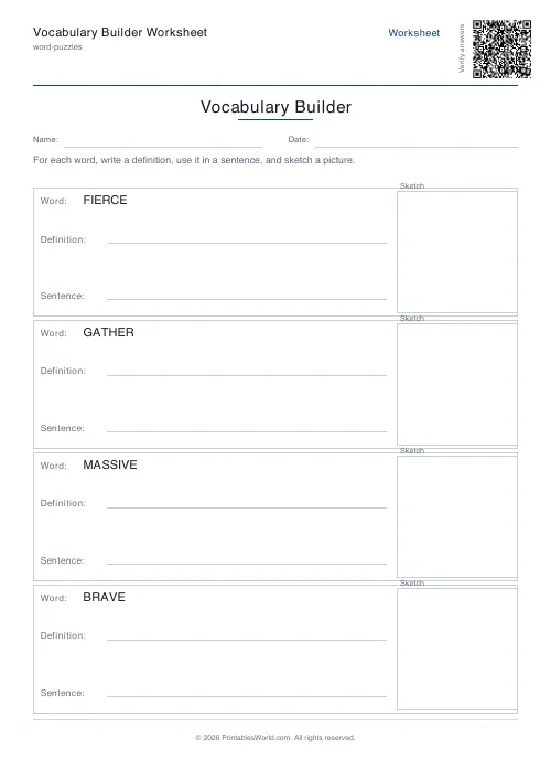 Free printable vocabulary builder worksheet — 4 words — PDF download