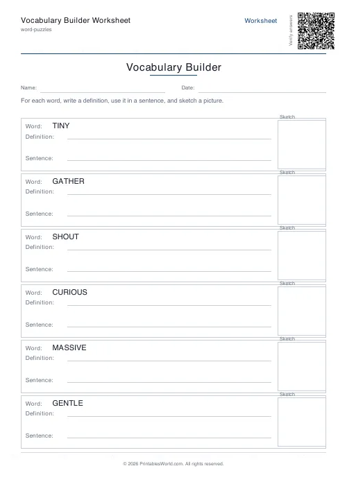 Free printable vocabulary builder worksheet — 6 words — PDF download