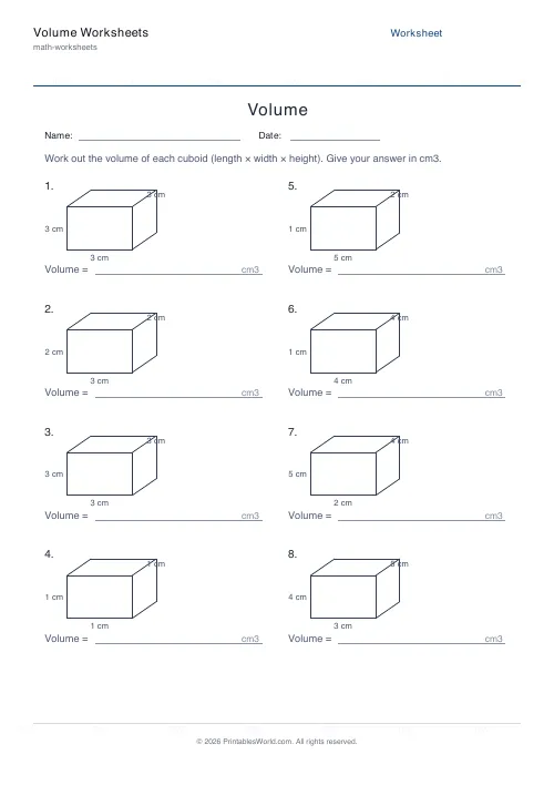 Free printable volume of cuboids worksheet — Up to 5 — PDF download