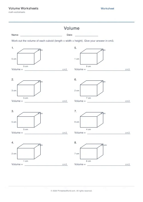 Free printable volume of cuboids worksheet — Up to 10 — PDF download
