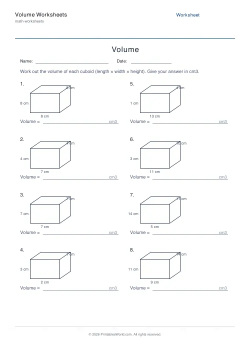 Free printable volume of cuboids worksheet — Up to 15 — PDF download