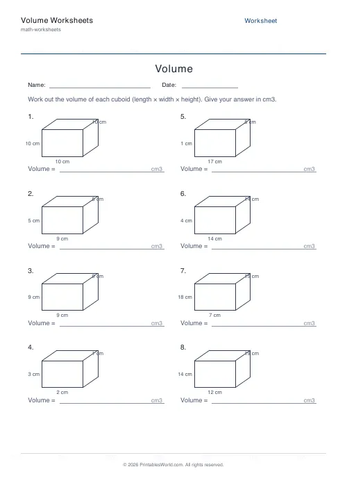 Free printable volume of cuboids worksheet — Up to 20 — PDF download