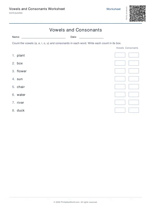 Free printable vowels and consonants worksheet — 8 words — PDF download