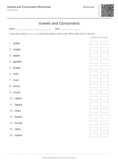Free printable vowels and consonants worksheet — 16 words — PDF download