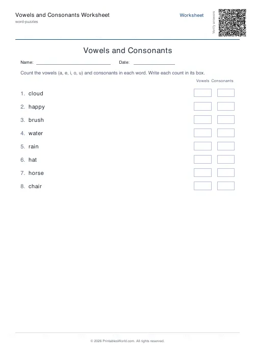 Free printable vowels and consonants worksheet — 8 words, with answer key — PDF download