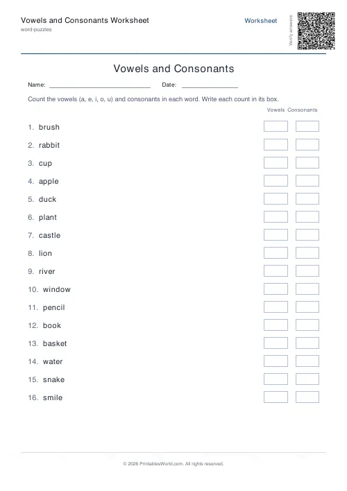 Free printable vowels and consonants worksheet — 16 words, with answer key — PDF download