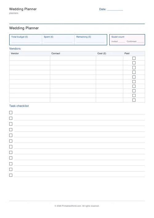 Free printable wedding planner — Pounds (GBP) — PDF download