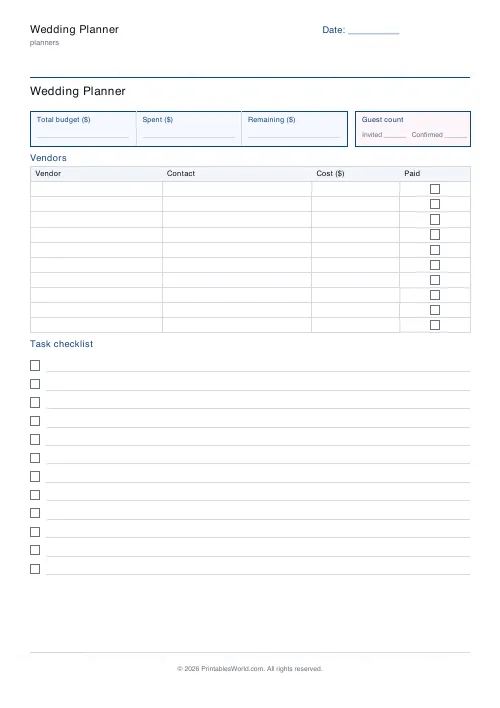 Free printable wedding planner — Dollars (USD) — PDF download