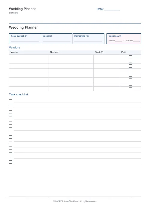 Free printable wedding planner — 8 vendors — PDF download