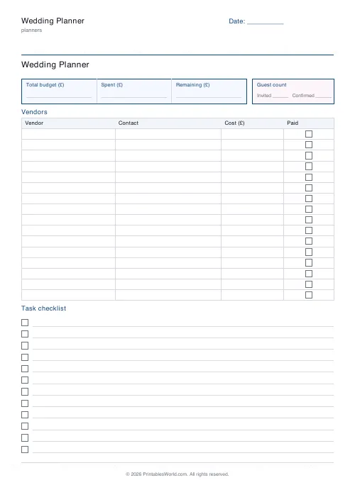 Free printable wedding planner — 16 vendors — PDF download