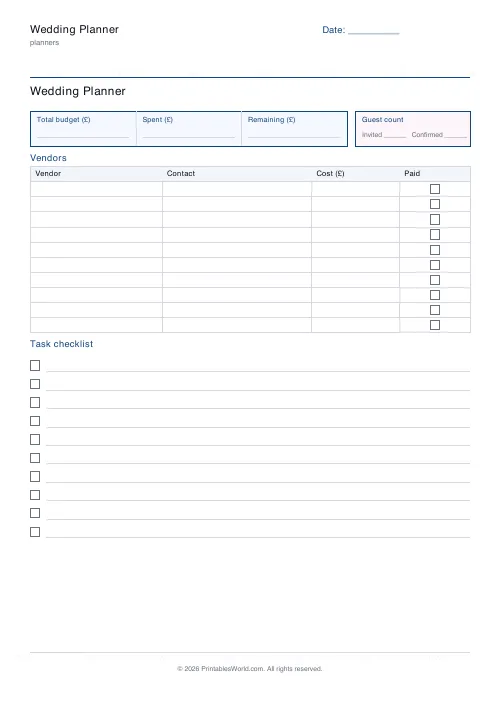 Free printable wedding planner — 10 tasks — PDF download