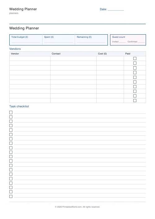 Free printable wedding planner — 20 tasks — PDF download