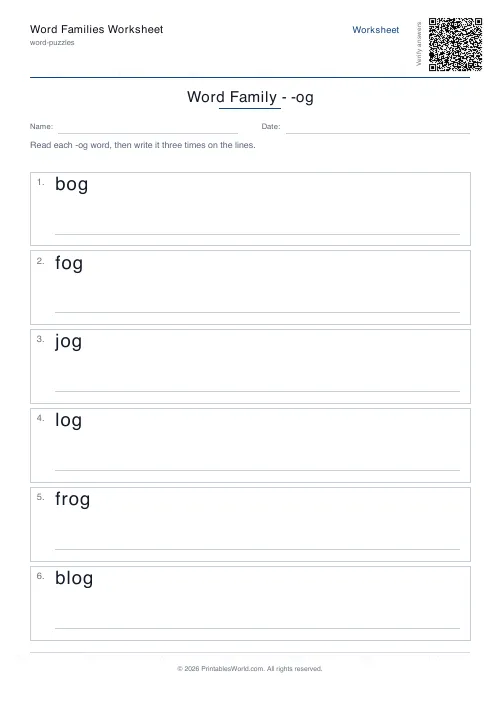 Free printable word family worksheet — -og — PDF download