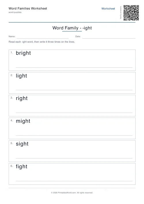 Free printable word family worksheet — -ight — PDF download