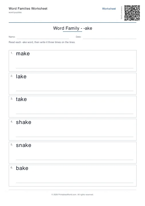 Free printable word family worksheet — -ake — PDF download
