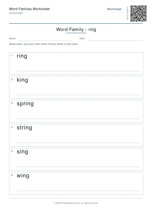 Free printable word family worksheet — -ing — PDF download