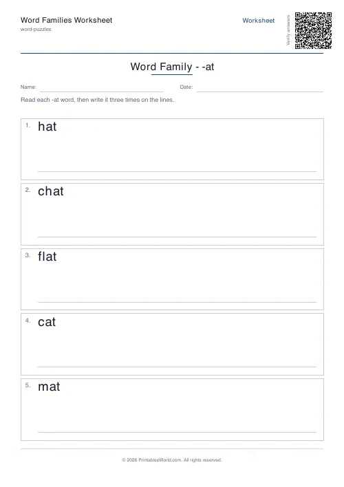 Free printable word family worksheet — 5 words — PDF download