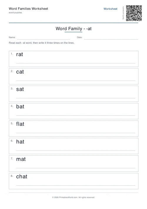 Free printable word family worksheet — 8 words — PDF download