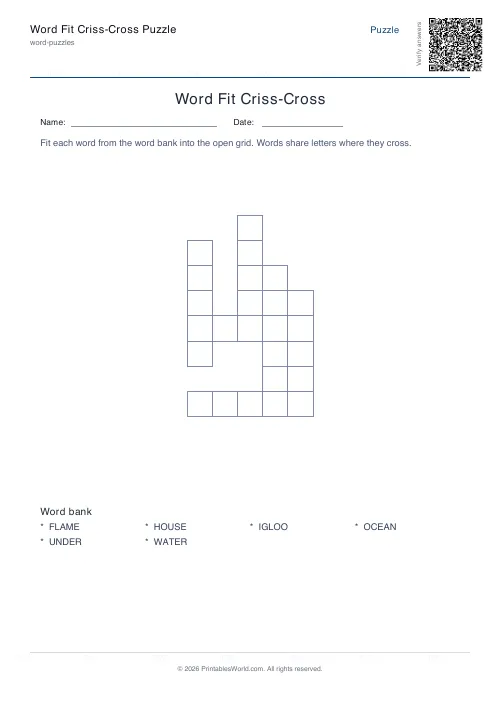 Free printable criss-cross word fit puzzle — Without answers, with answer key — PDF download