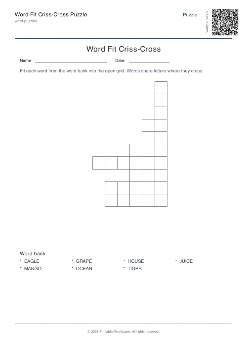 Free printable criss-cross word fit puzzle — With answers, with answer key — PDF download