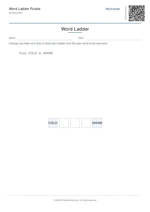 Free printable word ladder puzzle — 1 ladder — PDF download