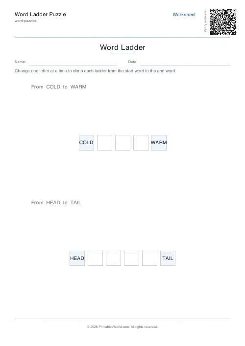 Free printable word ladder puzzle — 2 ladders — PDF download