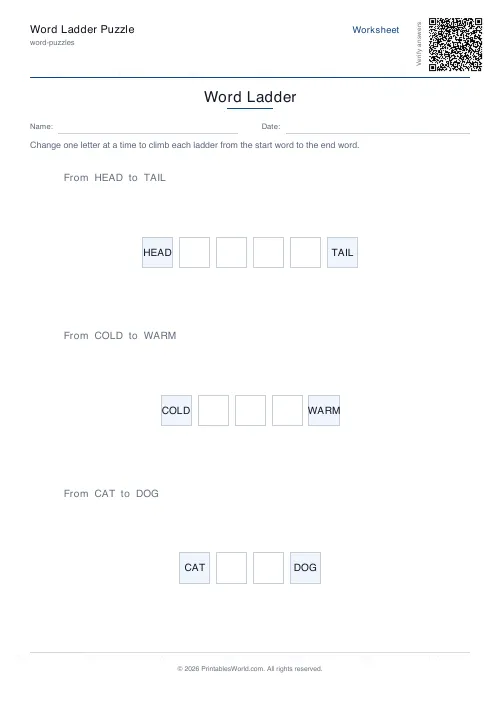 Free printable word ladder puzzle — 3 ladders — PDF download