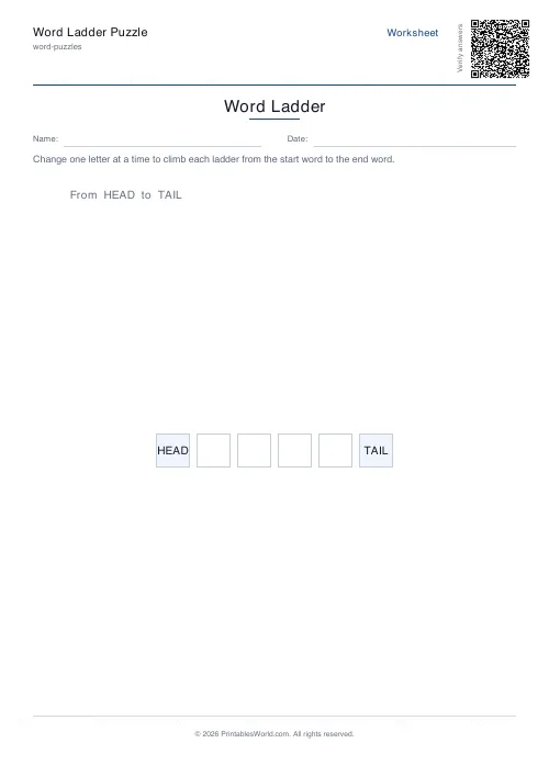 Free printable word ladder puzzle — 1 ladder, with answer key — PDF download