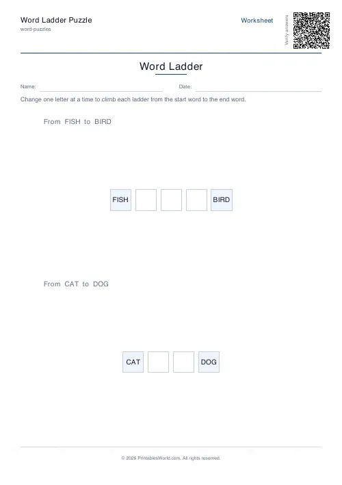 Free printable word ladder puzzle — 2 ladders, with answer key — PDF download