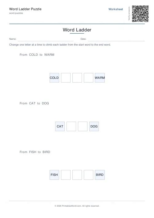 Free printable word ladder puzzle — 3 ladders, with answer key — PDF download