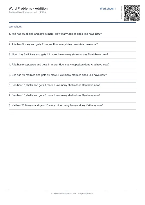 Free printable math word problems worksheet — Easy — PDF download