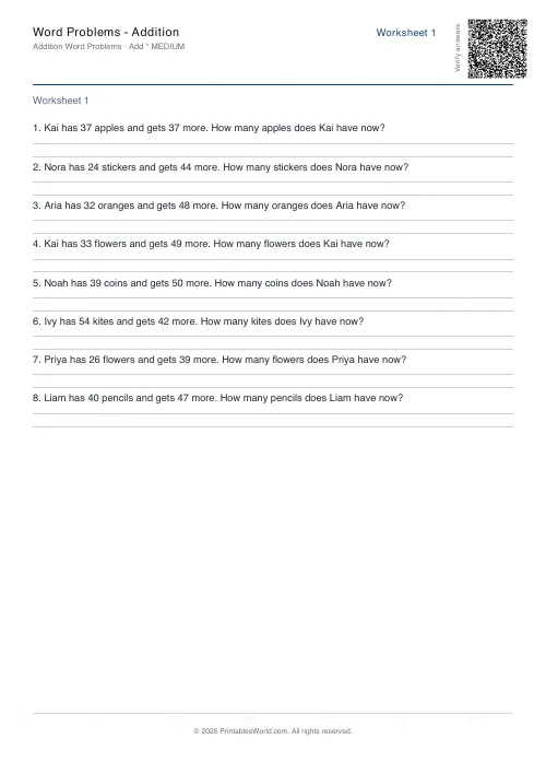 Free printable math word problems worksheet — Medium — PDF download
