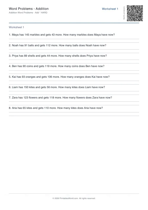 Free printable math word problems worksheet — Hard — PDF download