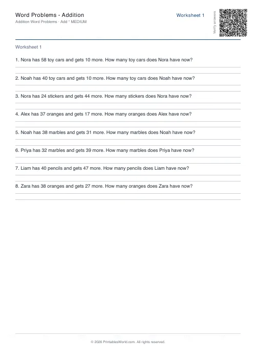 Free printable math word problems worksheet — Addition, with answer key — PDF download
