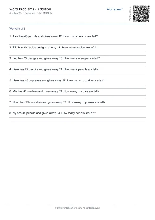 Free printable math word problems worksheet — Subtraction — PDF download